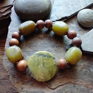 Yellow Turquoise, Jade, Sandalwood and Brass Bohemian Style Bracelet • Chunky Stacking Bracelet, Fall Jewelry • Woodland Collection