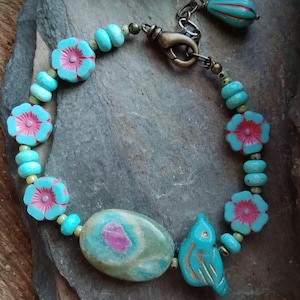Fuschite Kyanite Ruby, Turquoise, Bird and Flowers Romantic Boho Style Gemstone Bracelet