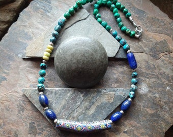 Colorful Bohemian Necklace • Genuine Natural Turquoise, Lapis, Trade Bead, Hill Tribe Silver • 18 inches • Meaningful Modern Boho Jewelry