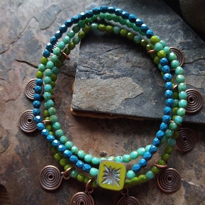 Boho Czech Glass Bracelet Set Copper Spiral Charms, Aqua Blue Lime Green