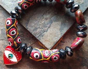 Red and Black Krobo Beads from Ghana , Protective Eye | Boho Bracelet | Art Jewelry | Sundance Style