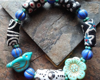 Tweet | Czech Glass Bird with Krobo Beads from Ghana  | Boho Bracelet | Art Jewelry | Sundance Style