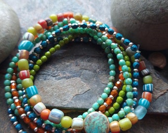 Turquoise, Gooseberry Java Glass, Czech Glass Bohemian Style Bracelet Stack • Tribal Chic, Skinny Stacking Bracelets