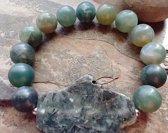 Prehnite with Epidote, Moss Agate Gemstone Stretch Bracelet • REVITALIZE Intention Bracelet • Healing Jewelry • Calm Your Inner Space