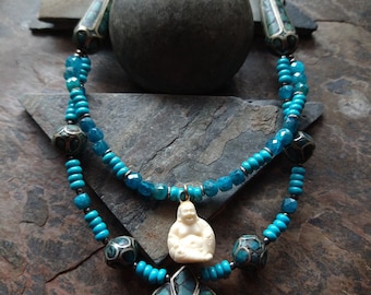 Colorful Bohemian Necklace • Apatite, Blue Magnesite, Turquoise Nepalese Beads • Adjustable Length Beaded Necklace • Significant by Kelle