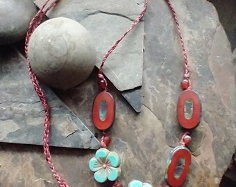 Long Boho Necklace • Brick Red Ovals and Blue Hibiscus Flowers • Czech Glass, Knotted, Layering Necklace • Significant by Kelle