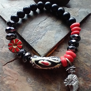 Red Krobo Bead Bracelet: Vintage Glass, Onyx, and Geisha Charm