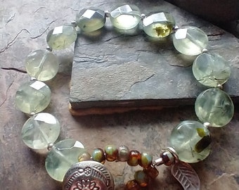 Prehnite with Hill Tribe Silver Boho Style Bracelet • Button Closure • Green Gemstone Beaded Bracelet • Significant by Kelle