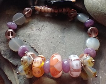 Peach, Gray, Purple Boho Style Bracelet • Lampwork Beads, Gray Moonstone, Lepidolite • Button Closure • Significant by Kelle