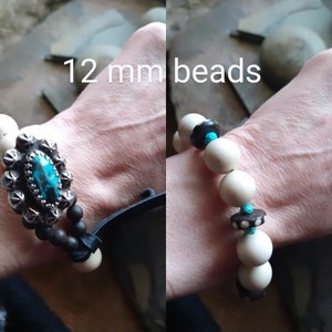 Genuine Turquoise Button Bracelet Fossil Jade, Batik Wood, Turquoise Modern Boho Statement Bracelet 12mm Beads Black, White, Blue image 5