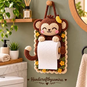 Patrón visual de ganchillo para soporte de papel higiénico, decoración de baño, soporte para pañuelos con forma de mono (descarga en PDF)