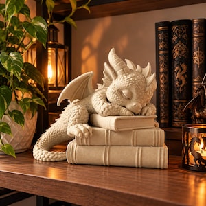 May include: A light beige stone-effect figurine of a small dragon sleeping on a stack of three rectangular books. The dragon has textured scales, small wings, and horns, resting its head on its front claws atop the books on a wooden surface.