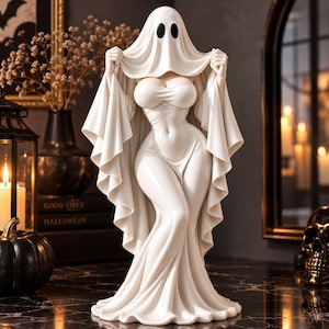 Può includere: Una statuetta di fantasma bianca con un lenzuolo drappeggiato sopra un abito aderente con scollo a cuore. La figura presenta due fori ovali neri per gli occhi nel copricapo e una gonna lunga e fluida che si adagia alla base con finitura liscia.