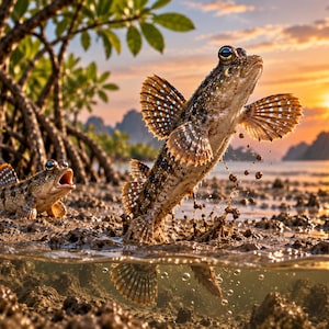 May include: Two mudskipper fish with mottled brown and tan skin, prominent bulging eyes, and spotted fins. One fish is captured mid-leap above the muddy shoreline, creating water splashes, while the other rests nearby in a mangrove habitat.