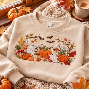 Embroidered Ghost Pumpkin Sweatshirt, Cute Halloween Pullover, Vintage Autumn Crewneck, Spooky Season Shirt, Gift for Best Friend
