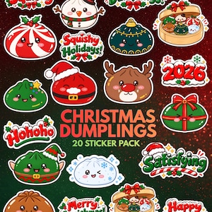 Può includere: Un set di 20 adesivi con ravioli natalizi dotati di faccine. I disegni includono un raviolo pupazzo di neve, una renna, un raviolo Babbo Natale rosso, un raviolo elfo verde e cestelli di bambù con ravioli colorati. Testo: "Squishy", "Season's Dumplings!", "Squishy Holidays", "2026", "HoHoHo", "Satisfying", "Merry Squishmas!" e "Happy Dumpling!".