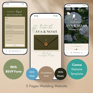 May include: Three smartphones displaying a five-page wedding website template. The screens show an RSVP form, an envelope graphic with the text "You have got invitation from AVA & NOAH," and a landing page featuring white roses and the text "AVA & NOAH."