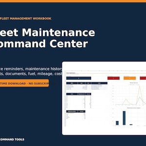 Könnte beinhalten: Eine Excel-Arbeitsmappe zur Flottenverwaltung mit dem Titel Fleet Maintenance Command Center. Die dunkelblaue Oberfläche zeigt Wartungserinnerungen, Historie, Mängel, Dokumente, Kraftstoff, Kilometerstand und Kosten. Enthält einen Download-Button.