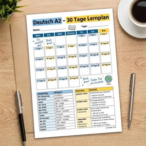 Pode incluir: Uma folha de plano de estudo intitulada Deutsch A2 - 30 Tage Lernplan com uma grade de 30 dias, uma tabela de vocabulário e uma seção de gramática. O documento inclui notas manuscritas como Du schaffst das e um ícone de um globo terrestre.