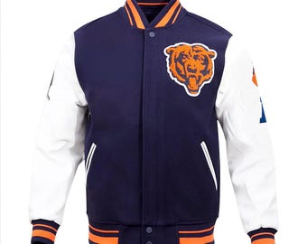 Letterman Vintage 90-tals Chicago Bears bomberjacka i ull och äkta läder från Varsity-kollektionen - Begränsade storlekar