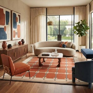 Orange Geometric Hand Tufted Rectangular Living Area Carpet For Floor Decor.