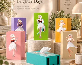 Puede incluir: Una colección de cajas rectangulares para pañuelos en varios colores, incluyendo rosa, morado, verde, amarillo, beige y turquesa. Cada caja presenta una ilustración gráfica de una mujer rubia con vestido blanco, donde el pañuelo es la falda.