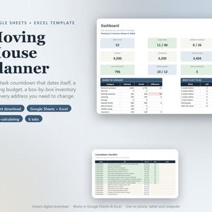 May include: A digital Moving House Planner template for Google Sheets and Excel. The interface displays a dashboard with budget tracking, task countdowns, and inventory lists. Text includes 'Moving House Planner', 'Dashboard', and 'Countdown checklist'.