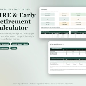 Puede incluir: Una plantilla digital de calculadora FIRE y jubilación anticipada para Google Sheets y Excel. La pantalla muestra un panel con datos financieros, tablas de proyecciones anuales y una sección titulada What would change it con escenarios de inversión.