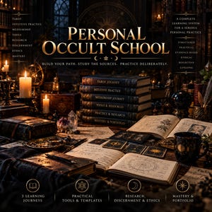 May include: A stack of six dark books titled Tarot Journey, Intuitive Practice, Mediumship Journey, Tools & Resources, Practice & Research, and Mastery & Portfolio. The text Personal Occult School is centered above the books with various occult-themed illustrations, open journals, candles, and cards arranged on a dark wooden surface.
