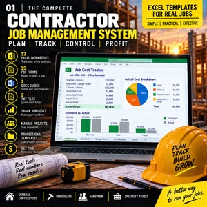 Op de afbeelding: Een laptop met een Excel-kostenoverzicht inclusief grafieken, een gele veiligheidshelm met de tekst PLAN TRACK BUILD GROW, een opgerolde bouwtekening met de tekst Real tools. Real numbers. Real results. en een rolmaat.