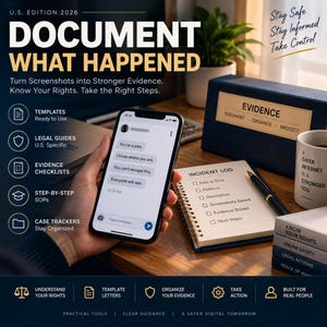May include: A smartphone displaying a text message conversation, next to an incident log notebook, a black pen, and a dark blue box labeled EVIDENCE. The image includes text: DOCUMENT WHAT HAPPENED, U.S. EDITION 2026, Stay Safe Stay Informed Take Control, and various checklists.