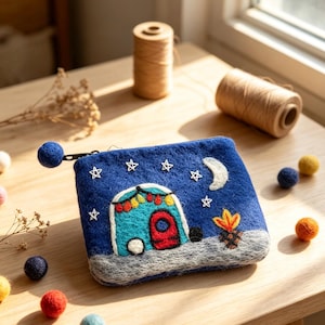 Handmade Wool Felt Camping Hut  Coin Purse, Moon Star Zipper Pouch