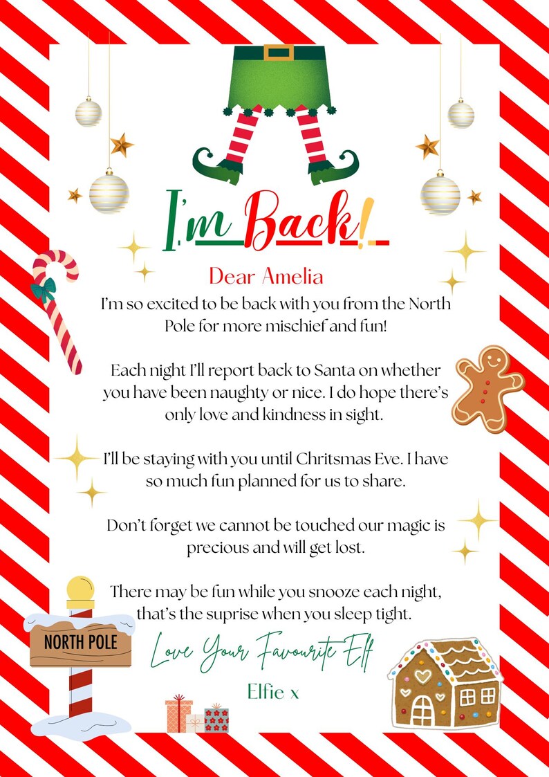 Editable Elf Candy Cane I'm Back & Goodbye Letter Arrival Letter Return ...