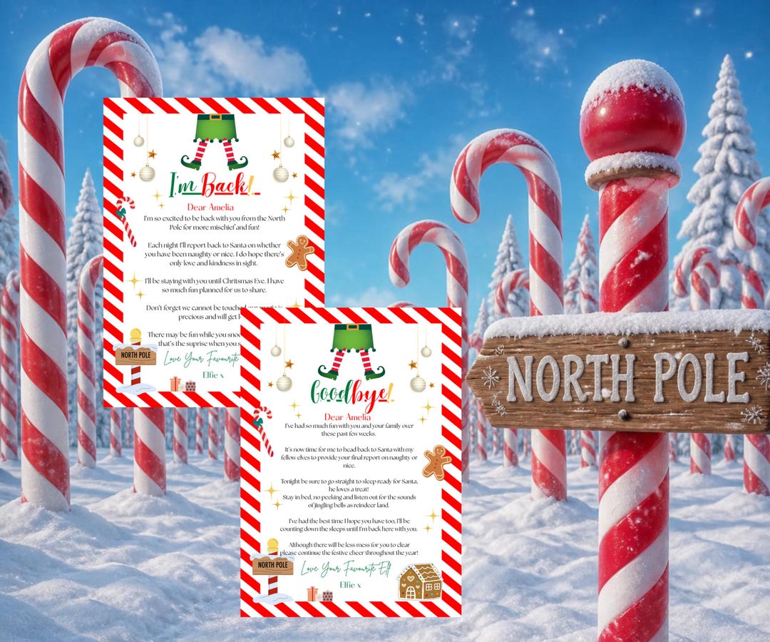 Editable Elf Candy Cane I'm Back & Goodbye Letter Arrival Letter Return ...