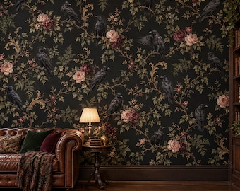Papel pintado botánico oscuro autoadhesivo, mural floral de cuervo, decoración gótica con pájaros de ambiente melancólico.