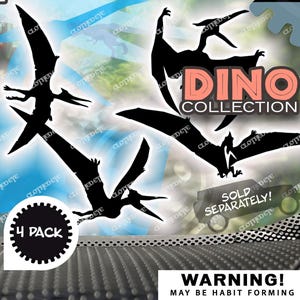May include: Black dinosaur decals in a 4-pack, part of the Dino Collection. The image includes text that says "Decals That Catch The Eye" and "Multiple Sizes Available!" with size comparisons to squirrels, including Jumbo, Large, Medium, Small, Micro, Nano, Pixel, and Atom.