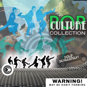 May include: A set of decals featuring a group of people walking in a line. The decals are available in multiple sizes, including jumbo, large, medium, small, micro, nano, pixel, and atom. The decals are sold separately and may be habit forming. The decals are part of the "Pop Culture Collection" and are available from Clothedeye. The text "Not all sizes available for all designs. Squirrel not included." is also included in the image.