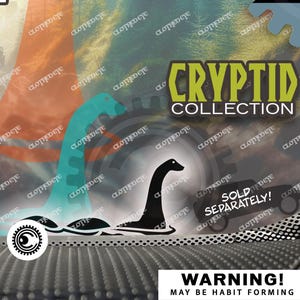 May include: A graphic decal featuring a forest scene with a jeep and a large orange dinosaur silhouette. The text reads CLOTHEDEYE DECALS THAT CATCH THE EYE, CRYPTID COLLECTION, TRUE SCALE SIZES, JUMBO, LARGE, MEDIUM, SMALL, MICRO, NANO, PIXEL, ATOM, WARNING! MAY BE HABIT FORMING, and MULTIPLE SIZES AVAILABLE.