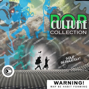 May include: A black and white image of a decal featuring a group of people walking with a red umbrella. The image is surrounded by a black and white pattern. The text "Pop Culture Collection" is visible in the image. The text "TrueScale Sizes" is visible in the image. The text "Sold Separately!" is visible in the image. The text "Warning! May Be Habit Forming" is visible in the image. The text "Multiple Sizes Available!" is visible in the image. The text "Not All Sizes Available For All Designs Squirrel Not Included" is visible in the image.