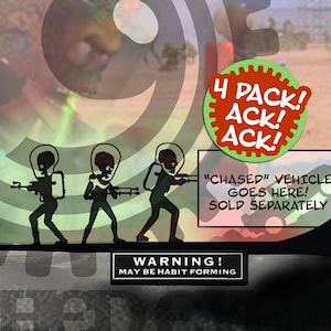 May include: A four-pack of alien micro decals, featuring a group of aliens in black silhouettes. The decals are designed to be placed on a tumbler or other surface. The text "The Best Micro Decals in the System" and "Clothedeye Better Than the Naked Eye" is also visible in the image.