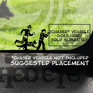 May include: An illustration depicts a police officer with a dog in pursuit, with a text box that reads "CHASED VEHICLE GOES HERE! SOLD SEPARATELY." The phrase "CHASED VEHICLE NOT INCLUDED SUGGESTED PLACEMENT" is also present.