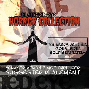 May include: A collection of horror movie character decals, including a masked killer, a clown, and a monster. The decals are sold separately and are part of the "Clothed Eye Horror Collection". The image shows a suggested placement for the decals on a car window.