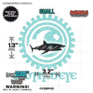 May include: A sticker design featuring a black shark silhouette centered on a light blue gear-shaped icon. Text includes SMALL, ANIMALS COLLECTION, and trueSCALE SIZES. Measurement indicators show a height of 1.3 inches and a width of 3.2 inches.
