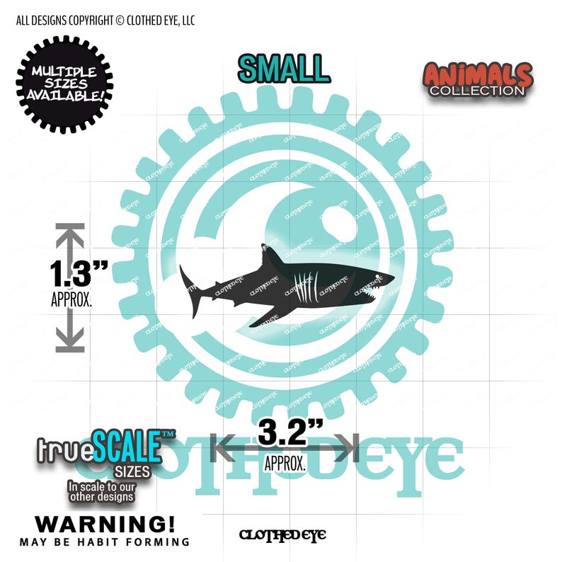 May include: A sticker design featuring a black shark silhouette centered on a light blue gear-shaped icon. Text includes SMALL, ANIMALS COLLECTION, and trueSCALE SIZES. Measurement indicators show a height of 1.3 inches and a width of 3.2 inches.