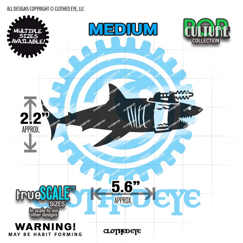 May include: A black shark sticker with a mounted laser device, featuring text that reads MEDIUM, POP CULTURE COLLECTION, trueSCALE, and WARNING! MAY BE HABIT FORMING. The sticker measures approximately 2.2 inches in height and 5.6 inches in width.