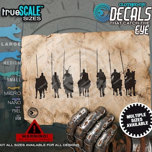 May include: Decals featuring silhouettes of medieval knights on horseback, each holding a lance. The decals are displayed on a parchment-like background with the text "DECALS THAT CATCH THE EYE". The image also includes size options and a warning sign.