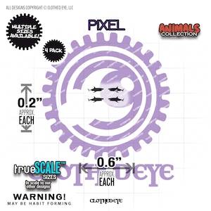 May include: A four-pack of small shark stickers featuring a light purple gear-shaped background. The stickers measure approximately 0.2 inches by 0.6 inches each. Text includes PIXEL, ANIMALS COLLECTION, TRUE SCALE SIZES, and WARNING MAY BE HABIT FORMING.