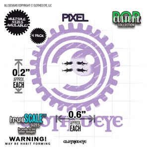 May include: A light purple gear-shaped graphic featuring four small black shark silhouettes in the center. The design includes text reading PIXEL and POP CULTURE COLLECTION. Measurements indicate a height of 0.2 inches and a width of 0.6 inches.