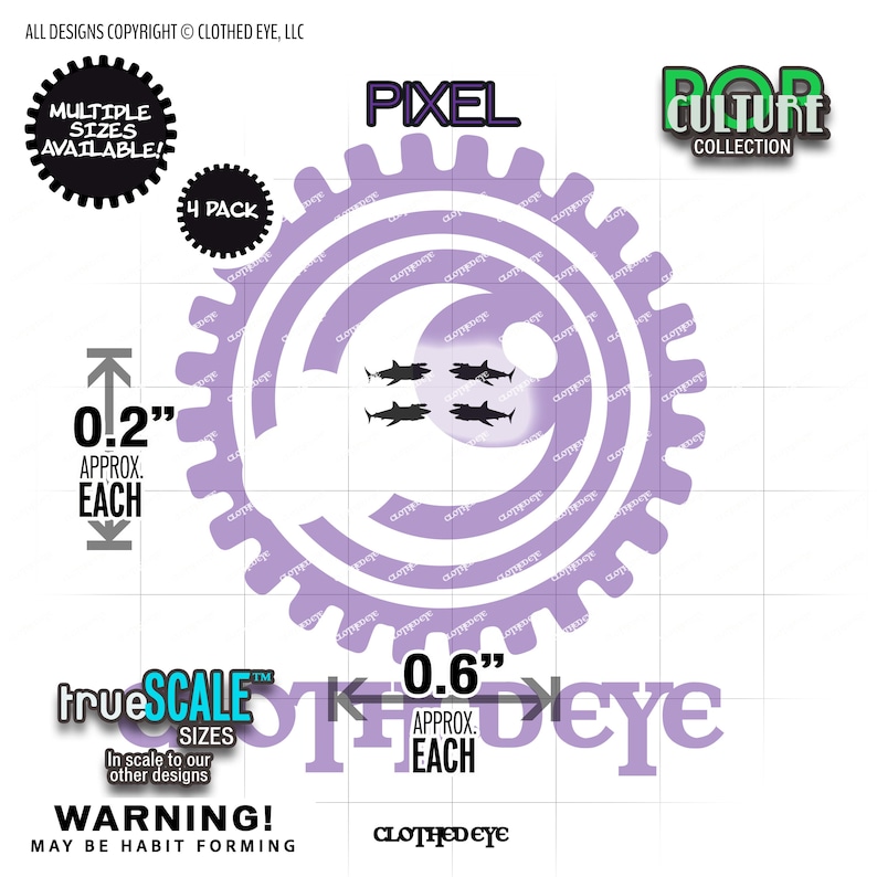 May include: A light purple gear-shaped graphic featuring four small black shark silhouettes in the center. The design includes text reading PIXEL and POP CULTURE COLLECTION. Measurements indicate a height of 0.2 inches and a width of 0.6 inches.