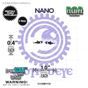May include: A light purple gear-shaped graphic featuring two small black shark silhouettes facing each other. The design includes text reading NANO, POP CULTURE COLLECTION, and 2 PACK. Dimensions are marked as 0.4 inches and 1.0 inches.